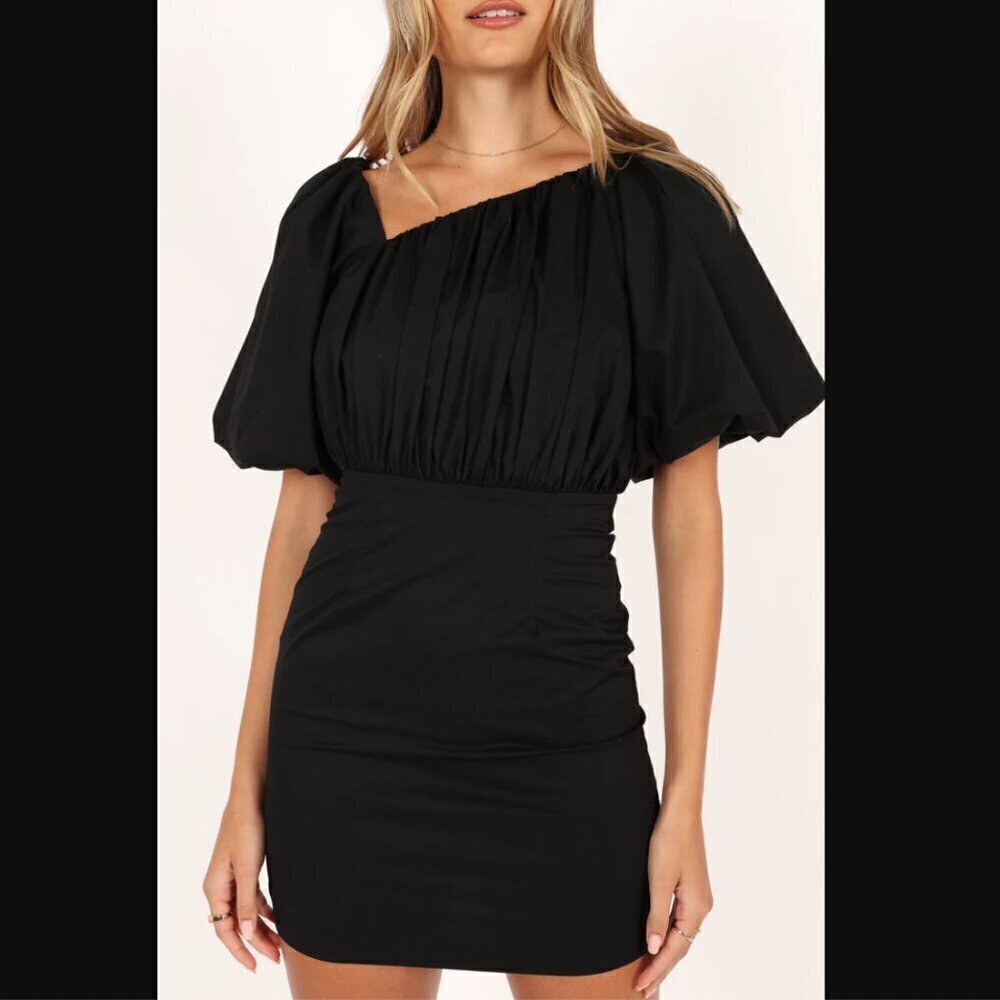 Petal & Pup Cabello Black One Shoulder Puff Slevee Mini Dress S - Picture 2 of 13